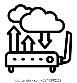 Router with wifi clouds line icon, smart home symbol, modern technology vector sign on white background, data exchange device and cloud arrows icon outline style. Vector graphics.