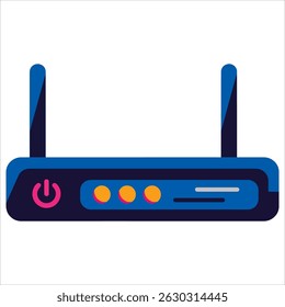 Router with Wi-Fi equipment featuring a power button.Modern IT device with two antennas and glowing indicators. Ideal for technology, internet provider themes, and flat style isolated vector icons.