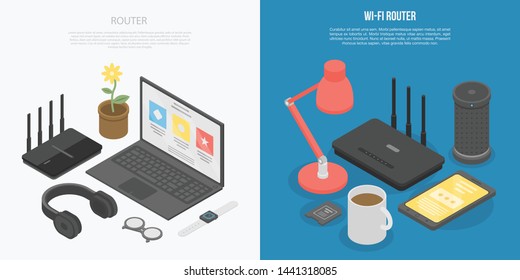 Router wireless banner set. Isometric set of router wireless vector banner for web design