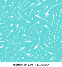 The Routes Of Air Plans, Traveling Around The World In Seamless Vector Pattern Form, Can Be Used As Wallpaper, Background Or Surface