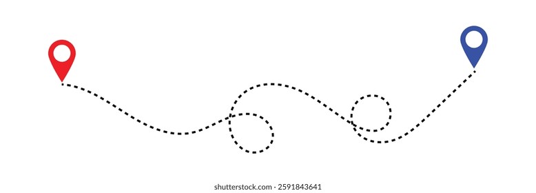 Routes in dashed line trace. Plane route lines of aircraft tracking, location pins, planes, travel, map pins on white background. Vector illustration for infographic, map, track in eps 10.