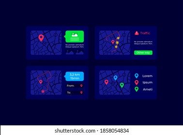 Routes On Map UI Elements Kit. Transportation Information. Geo Position Isolated Vector Icon, Bar And Dashboard Template. Web Design Widget Collection For Mobile Application With Dark Theme Interface