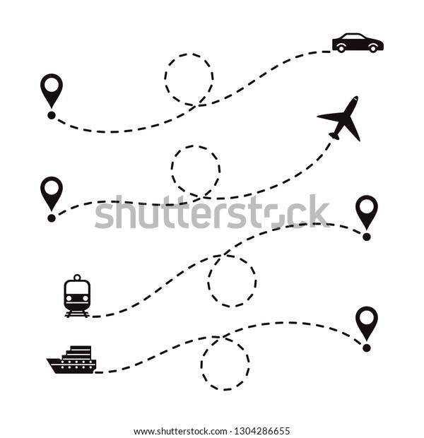 Routes travel different transport. Set of\
dotted routes on a white background.\
