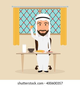 Routine of arab man character with brakefast.