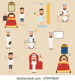 routine of business character with arab man.