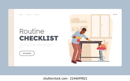 Routine Checklist Landing Page Template. Man Cleaning Furniture with Duster and Water Sprayer, Wiping Table at Home. Male Character Dusting Apartment, Housework Concept. Cartoon Vector Illustration