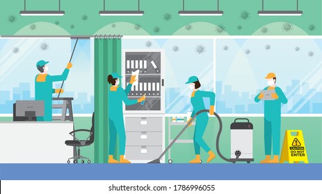 Routine cleaning crew team in doctor's office at the hospital. Clean and check inspector professional service for protect the pandemic of COVID-19 coronavirus and the dirty. 