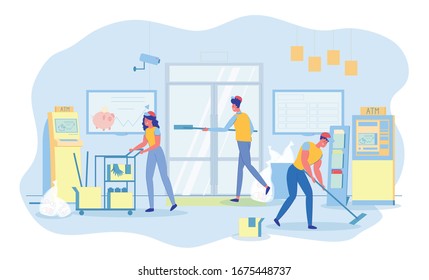 Routine Customized Cleaning Services in Bank Office. Professional Team Working. Woman Pushing Cleaning and Sanitizing Cart. Man Washing Entrance Door. His Colleague Mopping Floor. Bags with Garbage.