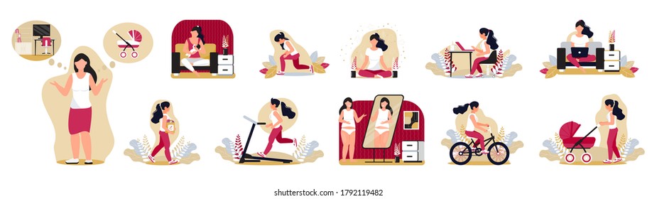 Routine day of girl vector set. Woman is doing different outdoor activities.  is She is running, yoga, workout, riding a bicycle, walking with baby stroller. Girl is carrying package. 