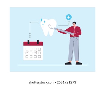 Exame dentário de rotina com resultados limpos e saudáveis, ilustração do vetor dentista.