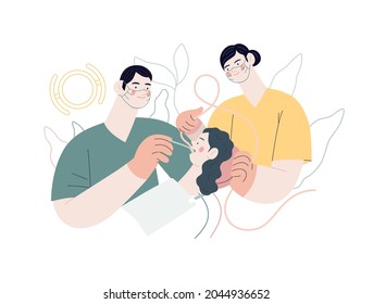 Routine dental checkups -medical insurance illustration. Modern flat vector concept digital illustration of dental procedure -patient, dentist checking teeth and nurse, the dental office or laboratory