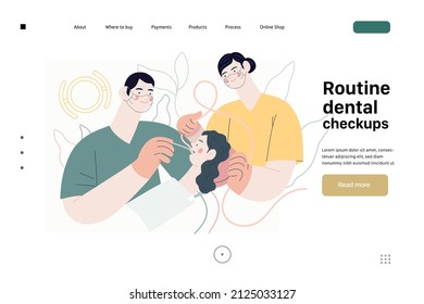 Routine dental checkups -medical insurance web template. Modern flat vector concept digital illustration of dental procedure -patient, dentist checking teeth and nurse, the dental office or laboratory