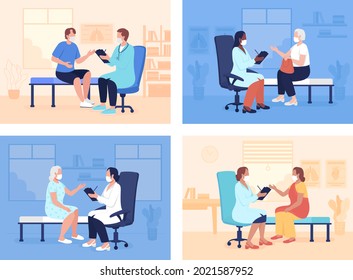 Routine doctor appointment flat color vector illustrations set. Visiting health center and local hospital. Patient and physician 2D cartoon characters collection with consulting room on background