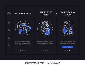 Routine ear procedures onboarding vector template. Responsive mobile website with icons. Web page walkthrough 3 step screens. Irrigation with warm water night mode concept with linear illustrations