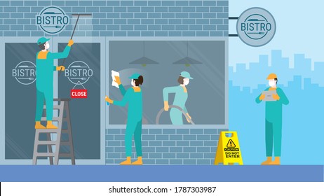 Routine Everyday Job Concept. Cleaning Crew  Team Washing In Front Of The Close Bistro Cafe Restaurant. Clean And Check Inspector. Professional Service For Hygiene And Eliminate Dirty. Vector Idea.