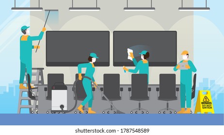 Routine everyday job concept. Cleaning team in office meeting room. Clean and check inspect professional service for protect the dirty and virus in workplace. After re-opening business hour for work.