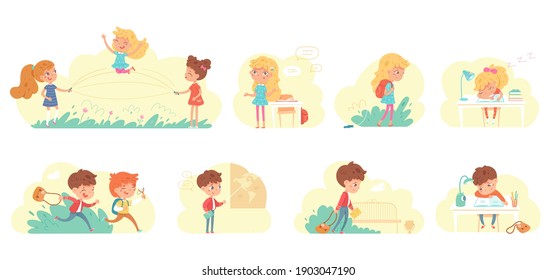 Routine of girl and boy in school set. Daily energy level of little kids vector illustration. Active children running and playing, studying, going home exhausted, homework on low charge.