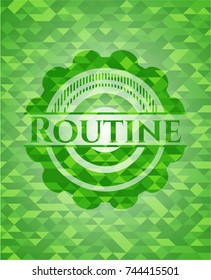 Routine green emblem. Mosaic background