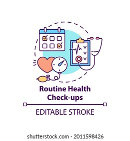 Icono de concepto de chequeos de estado rutinarios. Examen de pacientes. Control clínico. Servicio hospitalario. Ilustración de línea delgada de la idea de un médico de familia. Dibujo de color RGB con contorno aislado del vector. Trazo editable