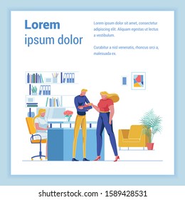 Routine Inspection in Local Outpatient Clinic. Young Couple, Loving Dad and Mom, with Their Newborn Baby in Reception Room. Receptionist at Desk. Vector Banner Template. Copy Space for Extra Text.