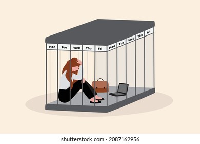 Routine job or five-day working make employee overworked repetitive tasks everyday, no motivation, difficulty to change or find opportunity. Hopeless woman lock in cage or prison of five day working.