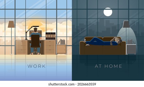 Routine lifestyle and home quarantine concept of people. An alone man works at home via desktop computer in the morning sun and lays down on a sofa, using a smartphone relaxing after work at night.