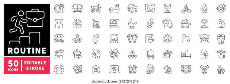 Conjunto de iconos de estilo de vida de rutina. iconos de línea editables, símbolos lineales de actividad diaria