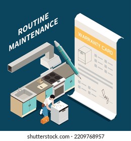 Routine Maintenance Isometric Background With Master Character Repairing Dishwasher And Big Sheet Of Warranty Card Vector Illustration