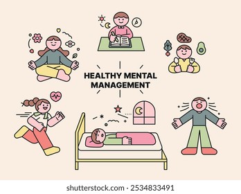 Una rutina para manejar su salud mental. Linda ilustración de personaje con contorno.