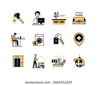 Routine and rest in the hotel - line design style icons set with editable stroke. Keys to a luxury room, bar, head waiter, elevator, disco ball, washing machine, table for one, receptionist