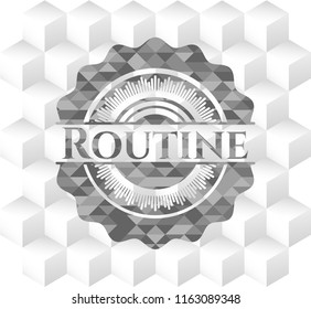 Routine retro style grey emblem with geometric cube white background