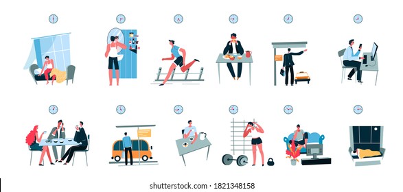 Routine and schedule of male character. Waking up and brushing teeth, jogging and commuting to work. Working in office, dining with colleagues and exercising at gym, watching tv at home, vector