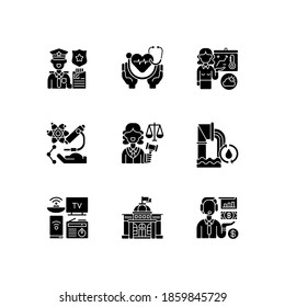 Routine Services Black Glyph Icons Set On White Space. Public Safety. First Responders. Weather Forecasters. Research. Water And Wastewater. Silhouette Symbols. Vector Isolated Illustration
