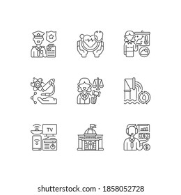 Routine Services Linear Icons Set. Public Safety. Public Health. First Responders. Weather Forecasters. Customizable Thin Line Contour Symbols. Isolated Vector Outline Illustrations. Editable Stroke