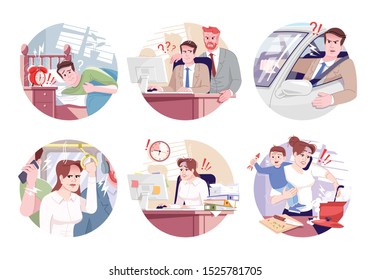 Routine stress flat concept icons set. Stressful morning commuting, boss pressure, maternity leave stickers, cliparts pack. Working tension isolated cartoon illustrations on white background