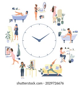 Routine time flat composition with clock in center and female characters take care of yourself around vector illustration