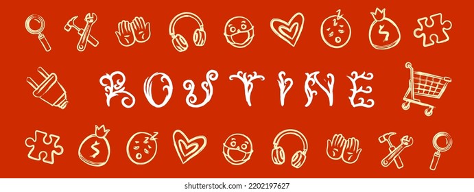 Routine wordmark stamp vs specific special icon set isolated in orange background. Vector set for digital content or print applying. New type mix design ever.