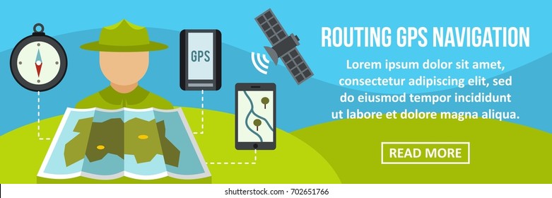Routing gps navigation banner horizontal concept. Flat illustration of routing gps navigation banner horizontal vector concept for web
