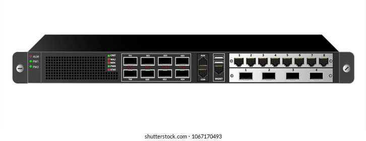 Routing IP Traffic For Mounting With A 19 Inch Rack In Black. Two Additional Modules With RG-45 Connectors And Optical SFP Modules. Vector Illustration.