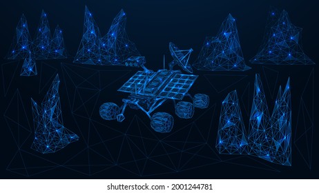 The rover is exploring the planet. Rocky terrain. Polygonal construction. Blue background.