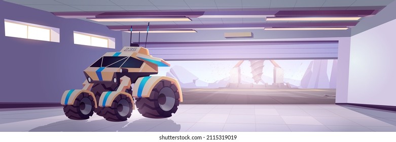 Rover in hangar on alien planet surface with drilling rig. Vector cartoon fantasy illustration of cosmos investigation with garage interior with explorer robot and derrick with auger outside