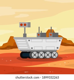 Rover. Space vehicle. Colonization of Mars and scientific research. White Spaceship on wheels. Martian landscape. Fantastic machine for exploring red planet and space.