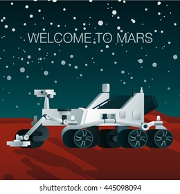 Rover standing on Mars, behind him the starry sky and red hills.