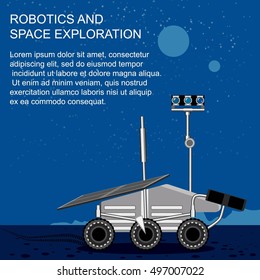Rover standing on Mars, behind him the starry sky and red hills.