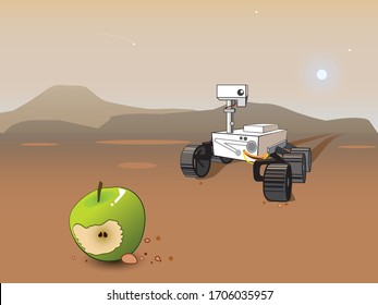 Rover that found an apple - evidence of life on Mars. Joky vector illustration.