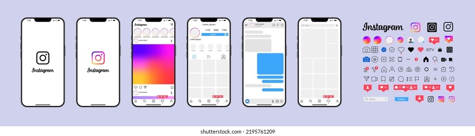 Rovno, Ukraine - 30.08.2022 Instagram Design. Set Instagram Screen Social Media Social Network Interface Template. Instagram Photo Frame. Stories, Liked, Stream, Feedback, Personal Profile. Editorial