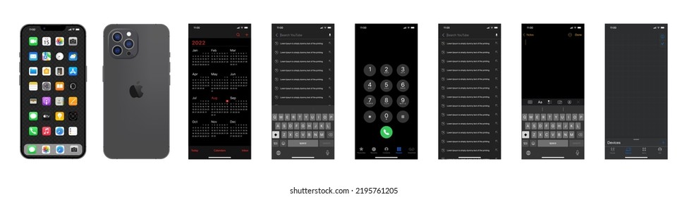 Rovno, Ukraine - 30.08.2022 Iphone 13 Interfaces. Apple Mockup. Apple Apps. Phone Navigation Page. Back Side. Calendar, Notes, Search, Main Menu, Navigator, People Near, IOS Call Screen. Editorial
