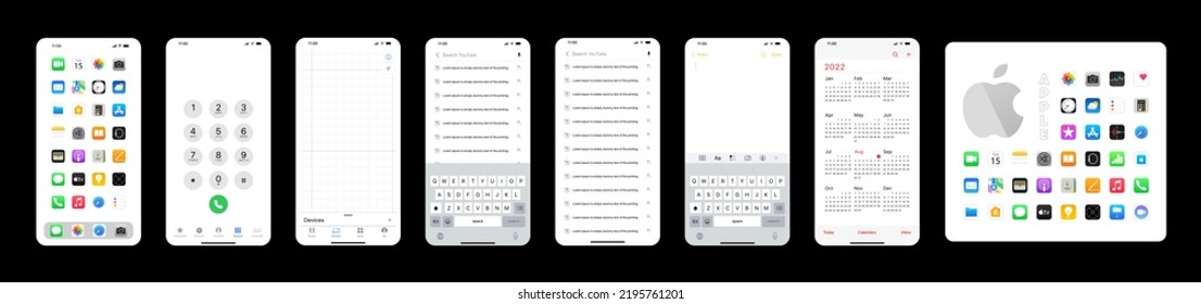 Rovno, Ukraine - 30.08.2022 IPhones Interfaces. Apple Mockup. Apps Templates. Phone Navigation Page. Main Menu, Call Screen, Navigator, Search History, Notes, Calendar, IOS Applications Set. Editorial
