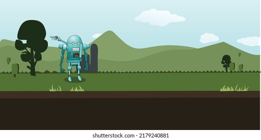 Rovot walking in grass landscape for gaming vector illustration art 