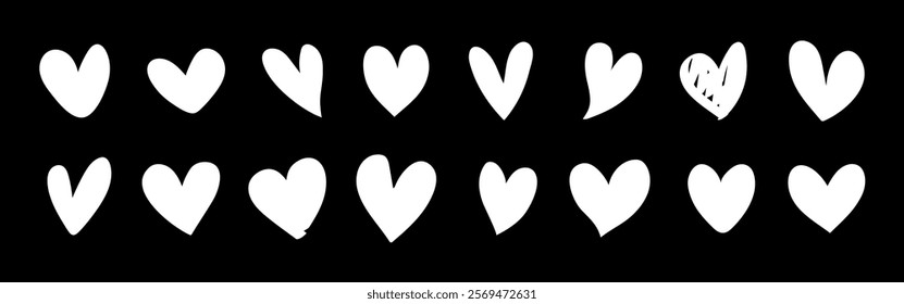 A row of 16 white hearts on a black background. Each heart is simple and uniform, except one with a unique pattern. Hearts, black background, unique pattern. Valentine's element vector set.